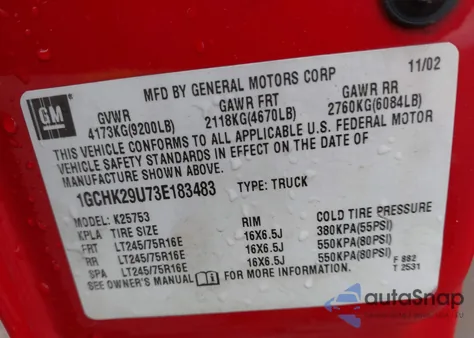 2003 Chevrolet Silverado 2500Hd Ls from USA, damaged, VIN 1GCHK29U73E183483